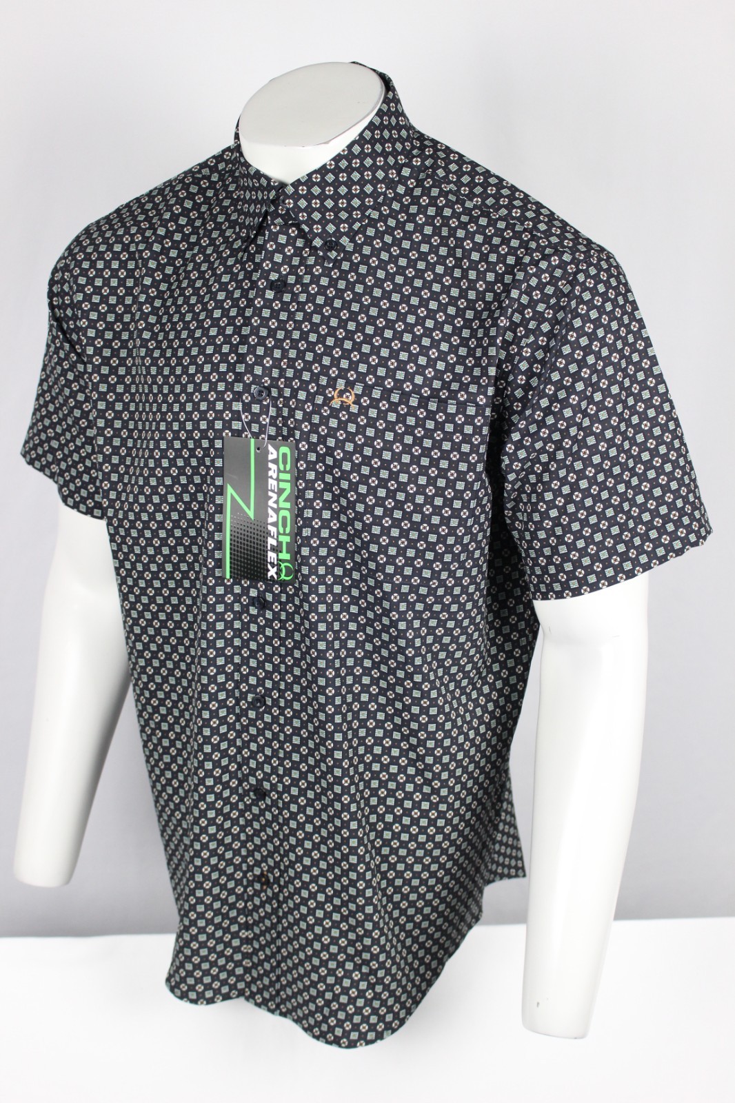 Cinch Men’s ArenaFlex Button Down Shirt Short Sleeve Navy Blue Geo
