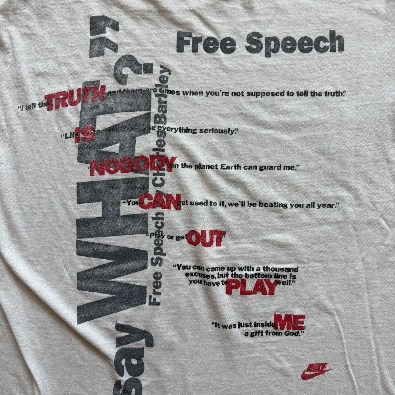 Vintage 90s Nike Air Free Speech Charles Barkley 34 White T-Shirt Size XL