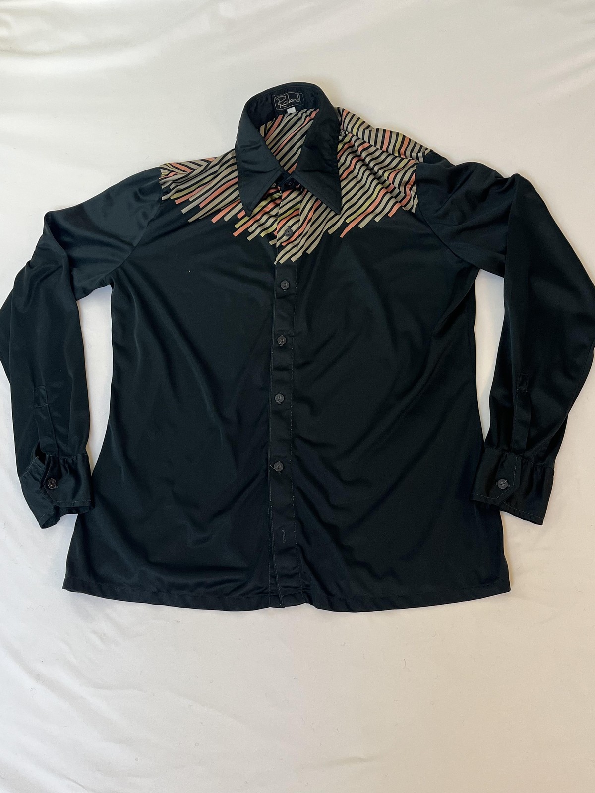 Roland Disco Shirt Dagger Collar XL Black Metallic Striped Long Sleeve Button