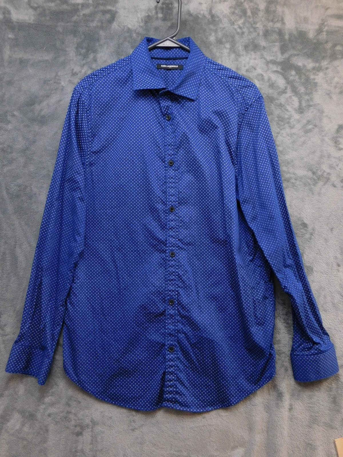 Karl Lagerfeld Shirt Mens 15.5 34/35 Blue Geometric Stretch Dress Long Sleeve