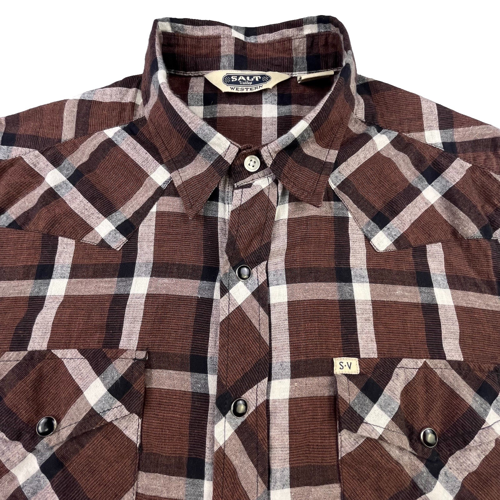 Salt Valley Western Shirt Men’s M Brown Plaid Pearl Snap Cowboy Long Sleeve