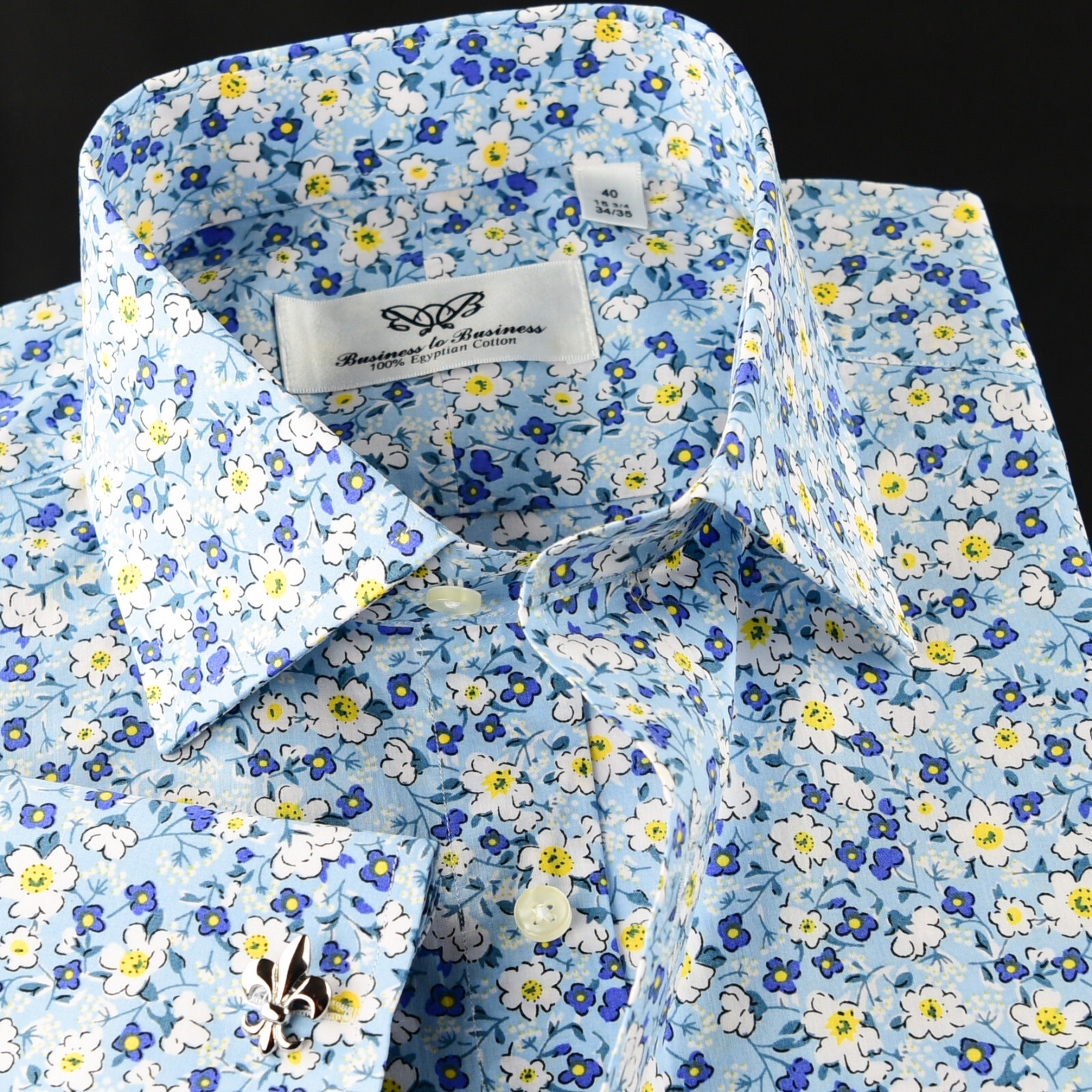 Fancy Designed Blue Flower Print Fabric Dress Shirt French Cuff For Holiday Wear