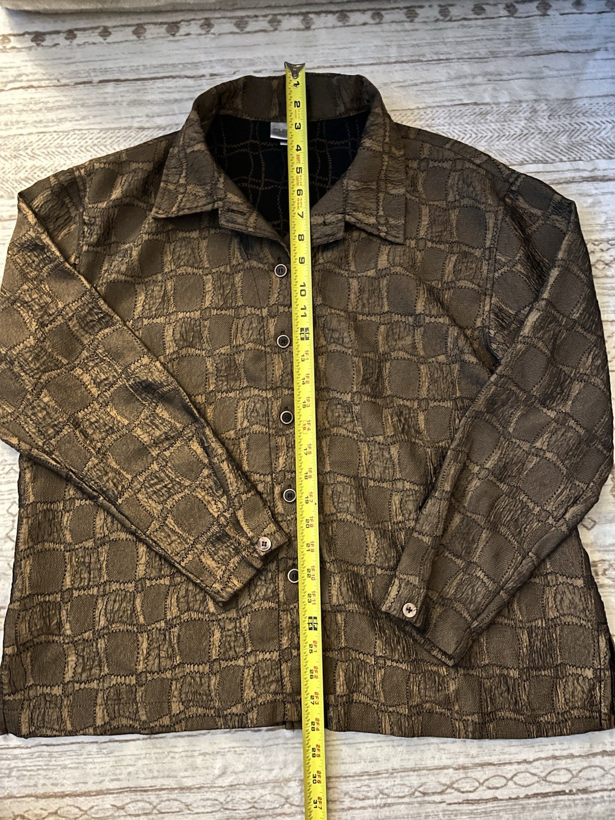 Chicos Men’s Brown Textured Button Up Shirt Long Sleeve Geometric Pattern Size 3
