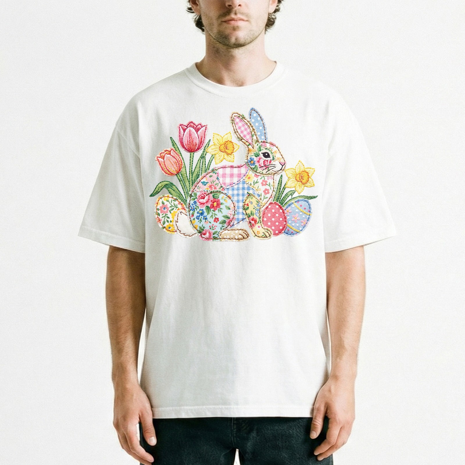 Easter Bunny Patchwork Floral Spring T-Shirt Holiday Cute Pastel Egg Lover Tee