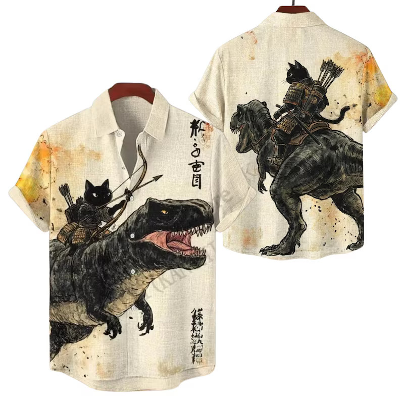 Samurai Cat Riding Dinosaur Hawaiian Shirt Mens Womens Tropical