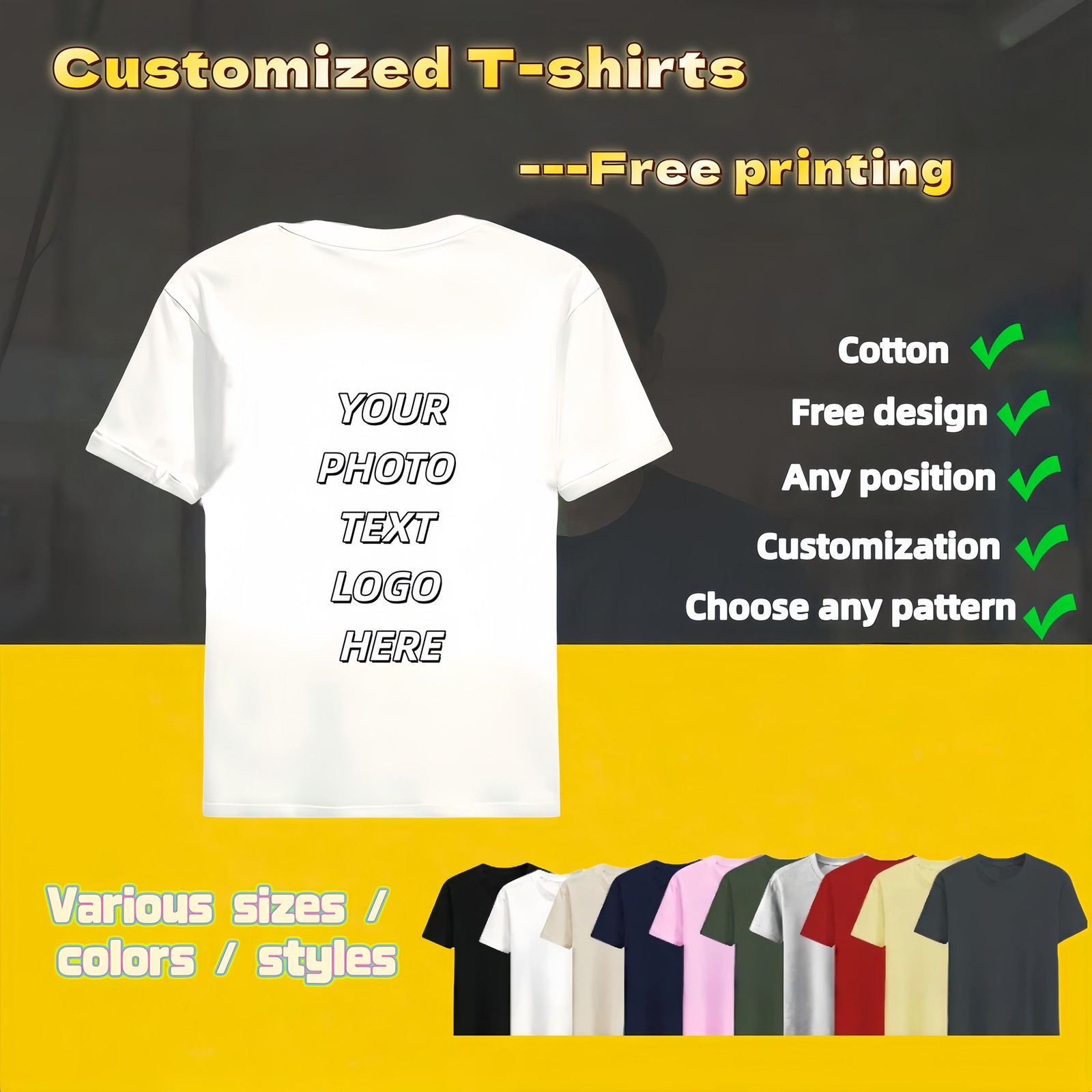 Personalized T-shirts, customizable with your text,photos or logo made of cotton
