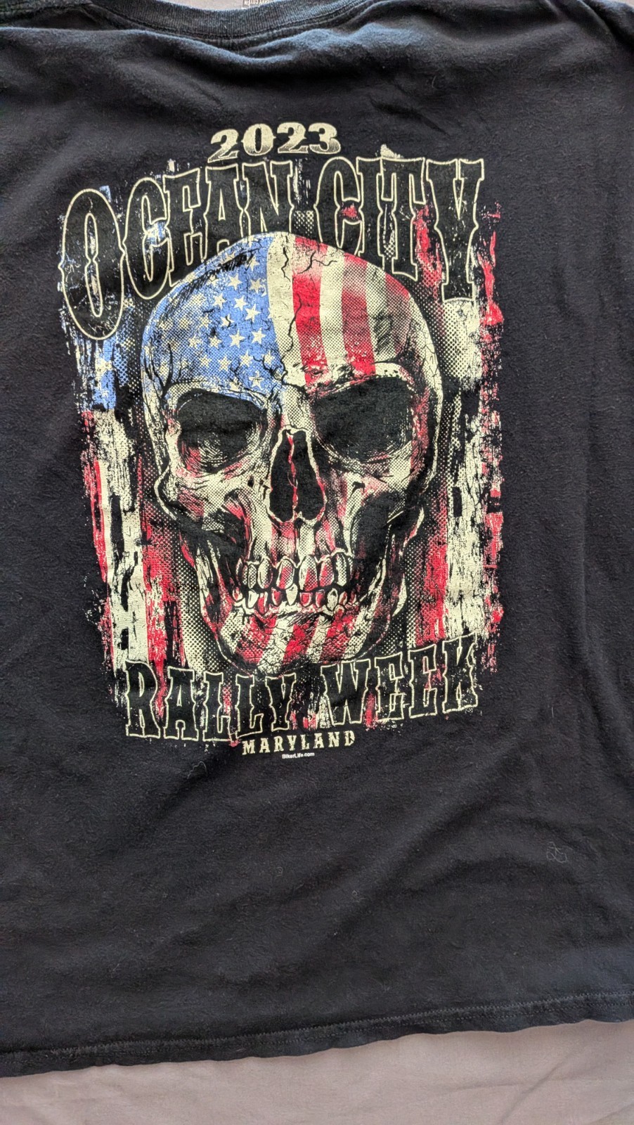 Gildan Ocean City MD Bike Rally Week 2023 Skull USA Flag Graphic Tee Black XL
