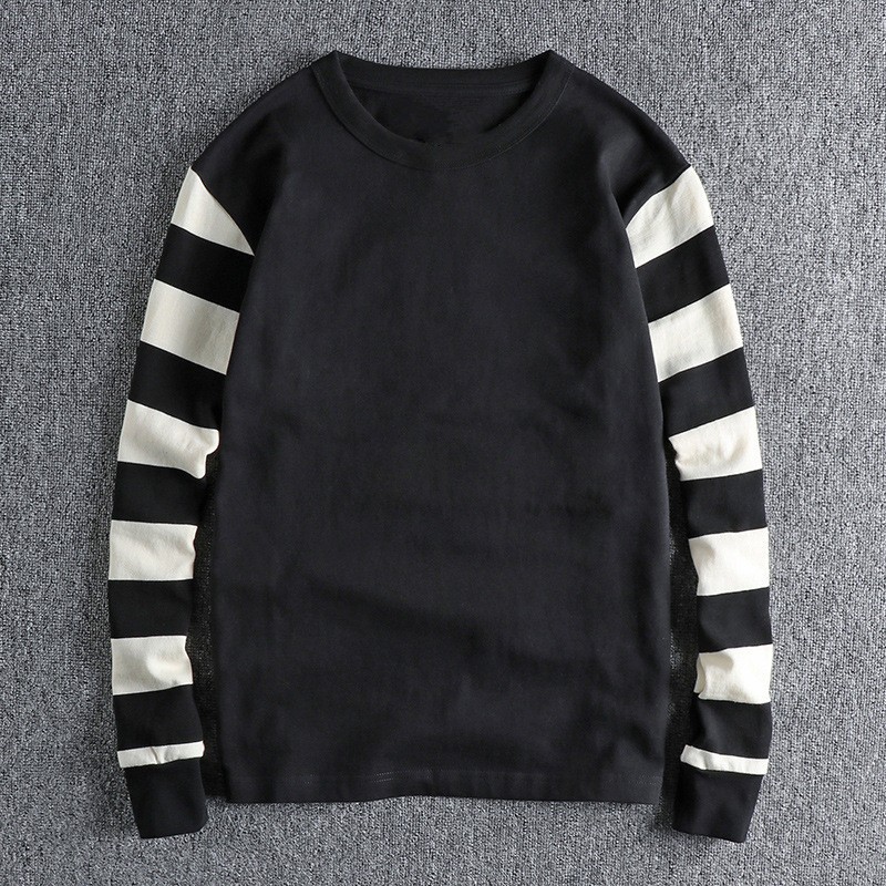 Vintage Mens Striped Long Sleeve T-Shirts Casual Crew Neck Motorcycle Top