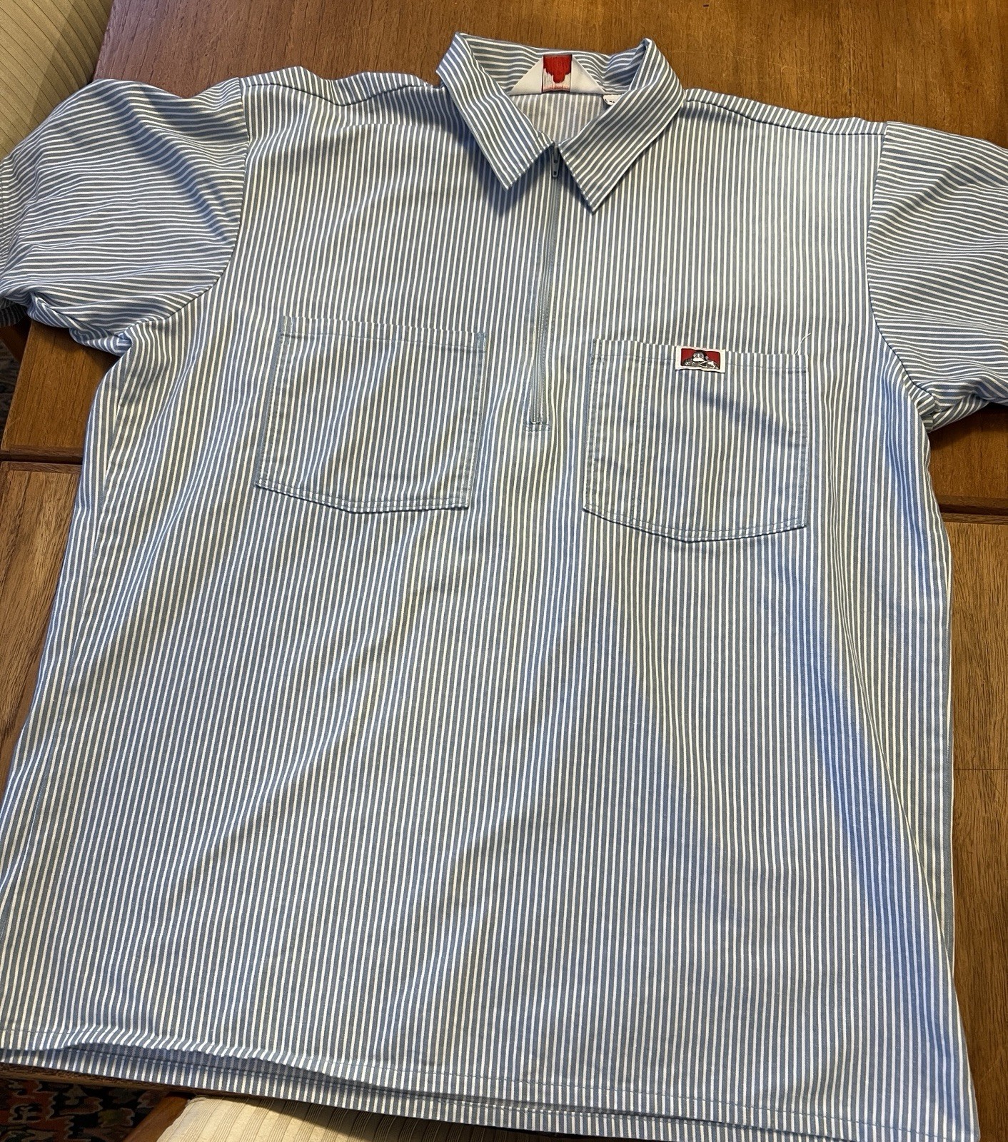 Ben Davis Blue Hickory Stripe Work Shirt Large Made USA Half Zip Short Sleeve