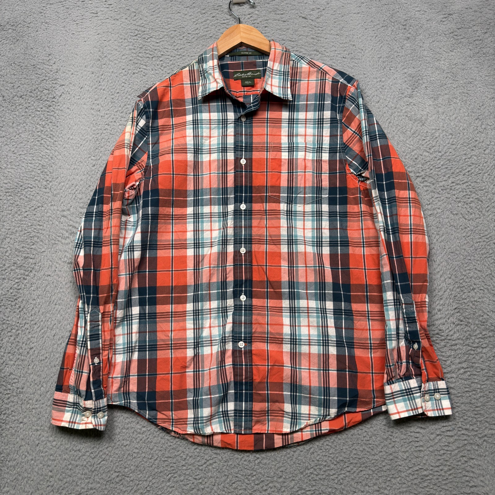 Eddie Bauer Shirt Mens Medium Orange Plaid Classic Fit Button Up Outdoor