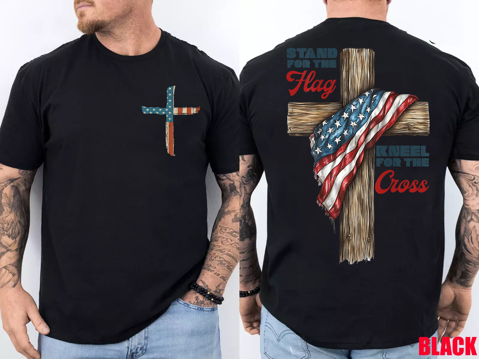 Stand for the Flag Kneel for the Cross T-Shirt Patriotic Christian Faith Tee
