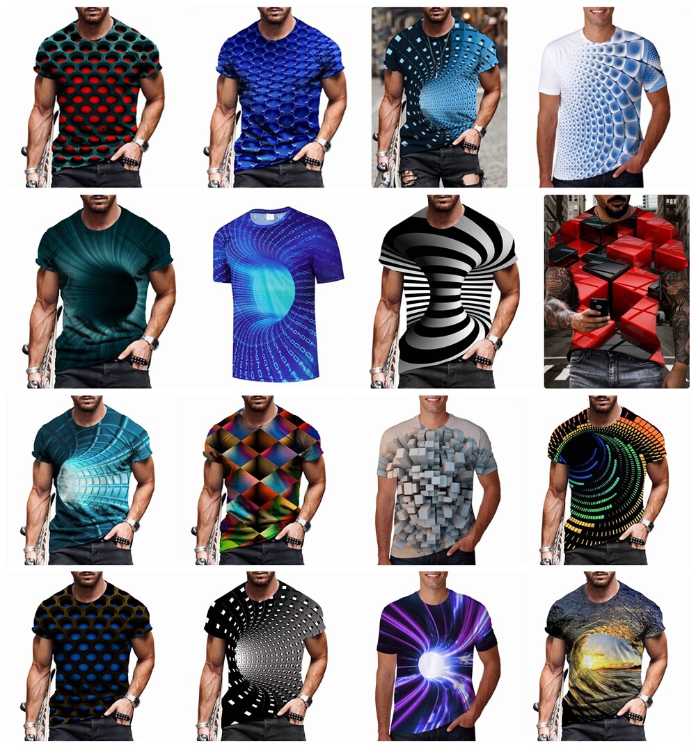 Men T Shirt Optical Illusion 3D Fashion Graphic Print Short Sleeve Silky T-Shirt