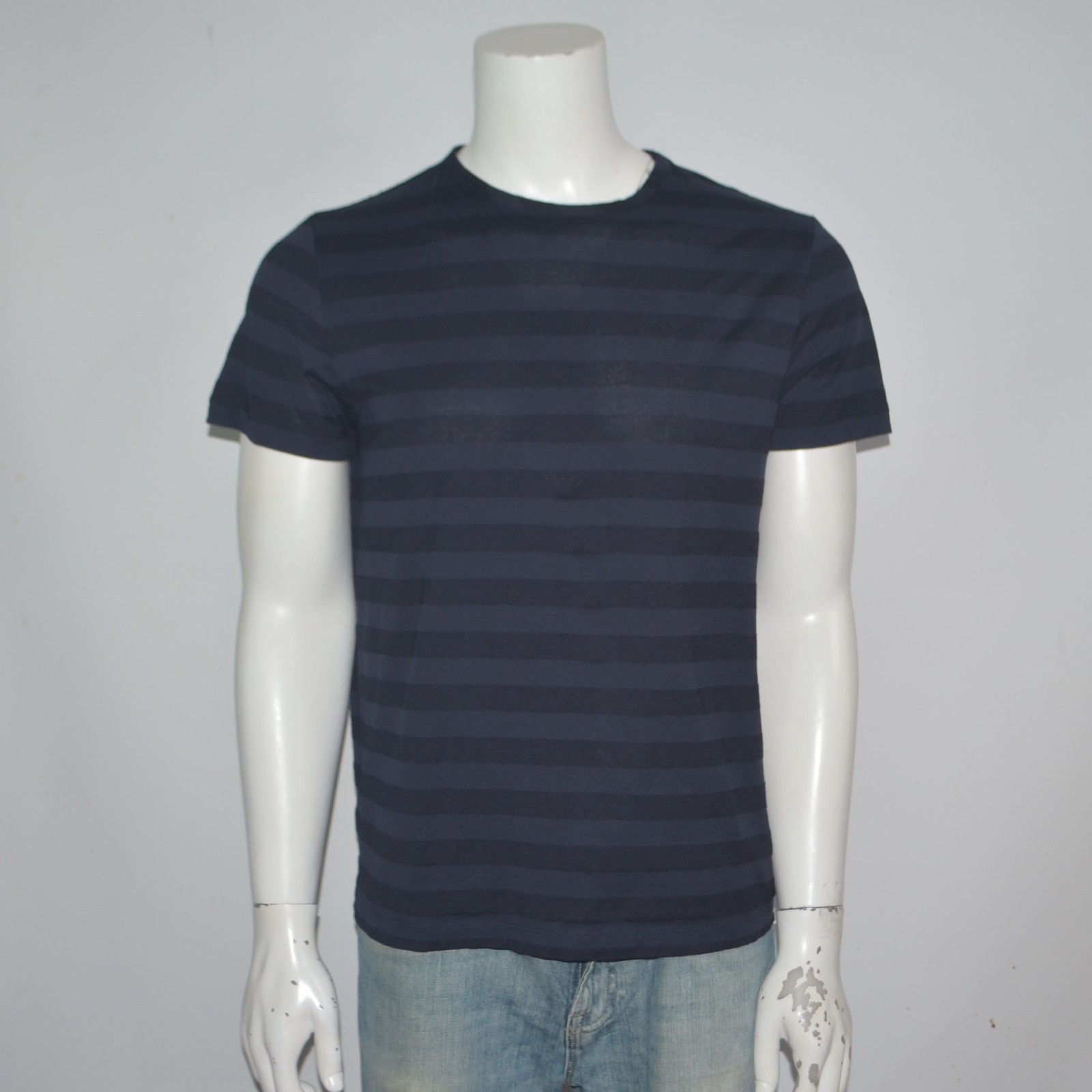 THEORY Andrion Navy Black Striped Crew Neck Tee T-Shirt Sz L