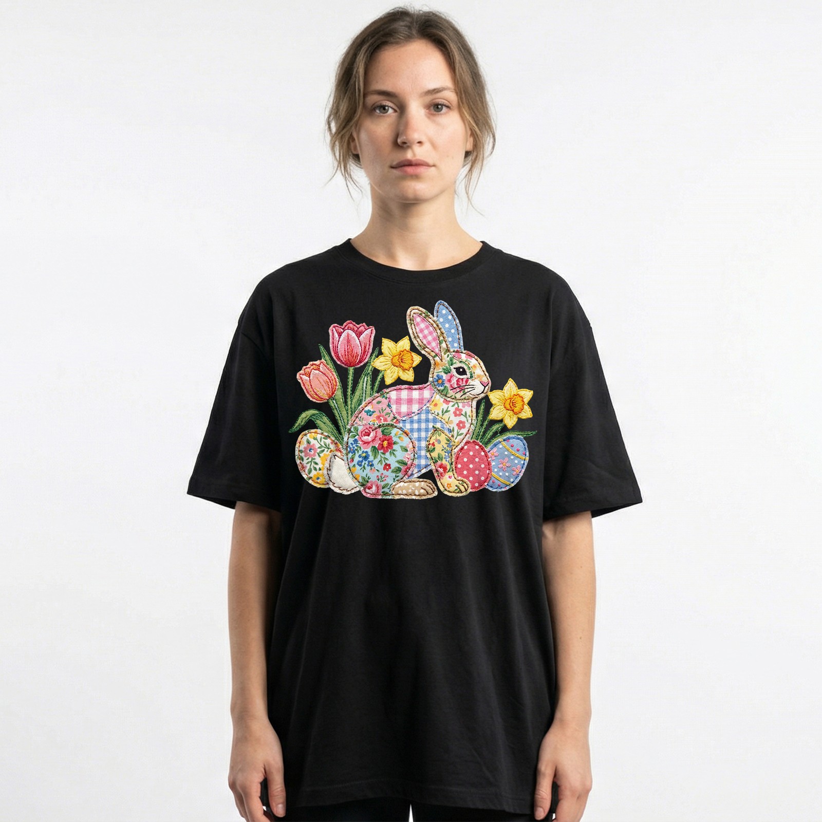 Easter Bunny Patchwork Floral Spring T-Shirt Holiday Cute Pastel Egg Lover Tee