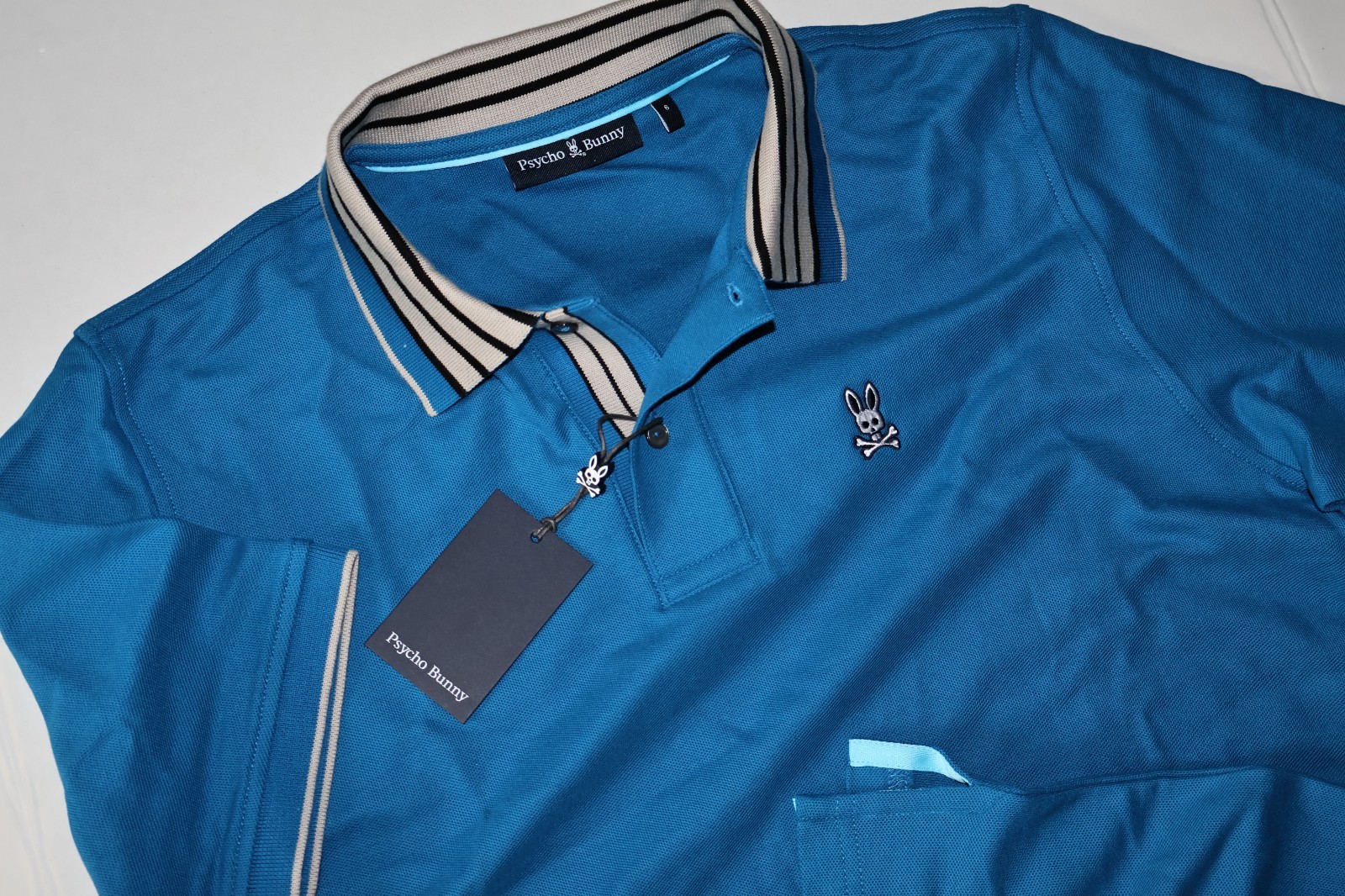 Psycho Bunny Pique Polo Shirt Walter Mykonos Blue SS New Size 6 Large L