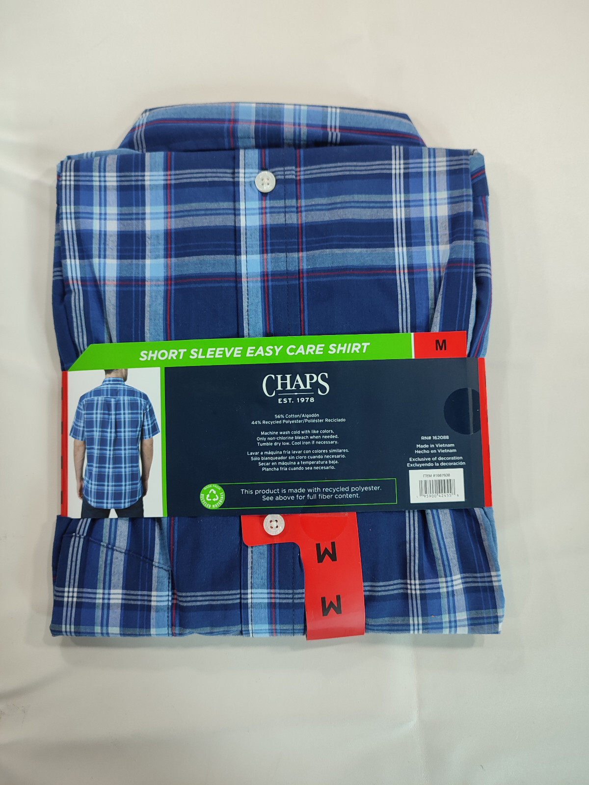 Men’s Chaps Short Sleeve Button Down Easy Care Shirt Blue Plaid Medium