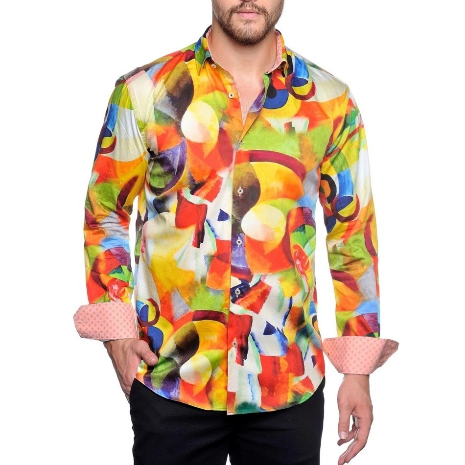 (A4) Mizumi Couture Mens Modern Fit Abstract Art Cotton Button Down Shirt M