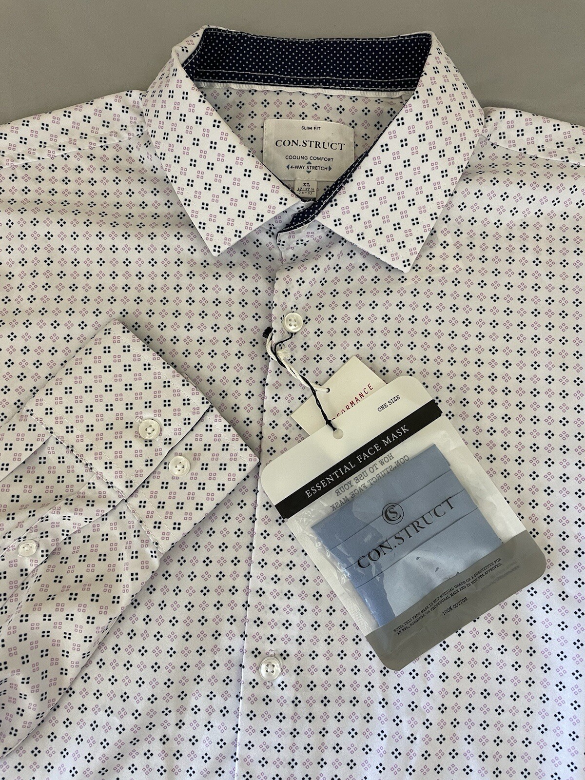 Con. Struct Men’s Slim-Fit White Purple Diamond Print Dress Shirt XL Retail $79