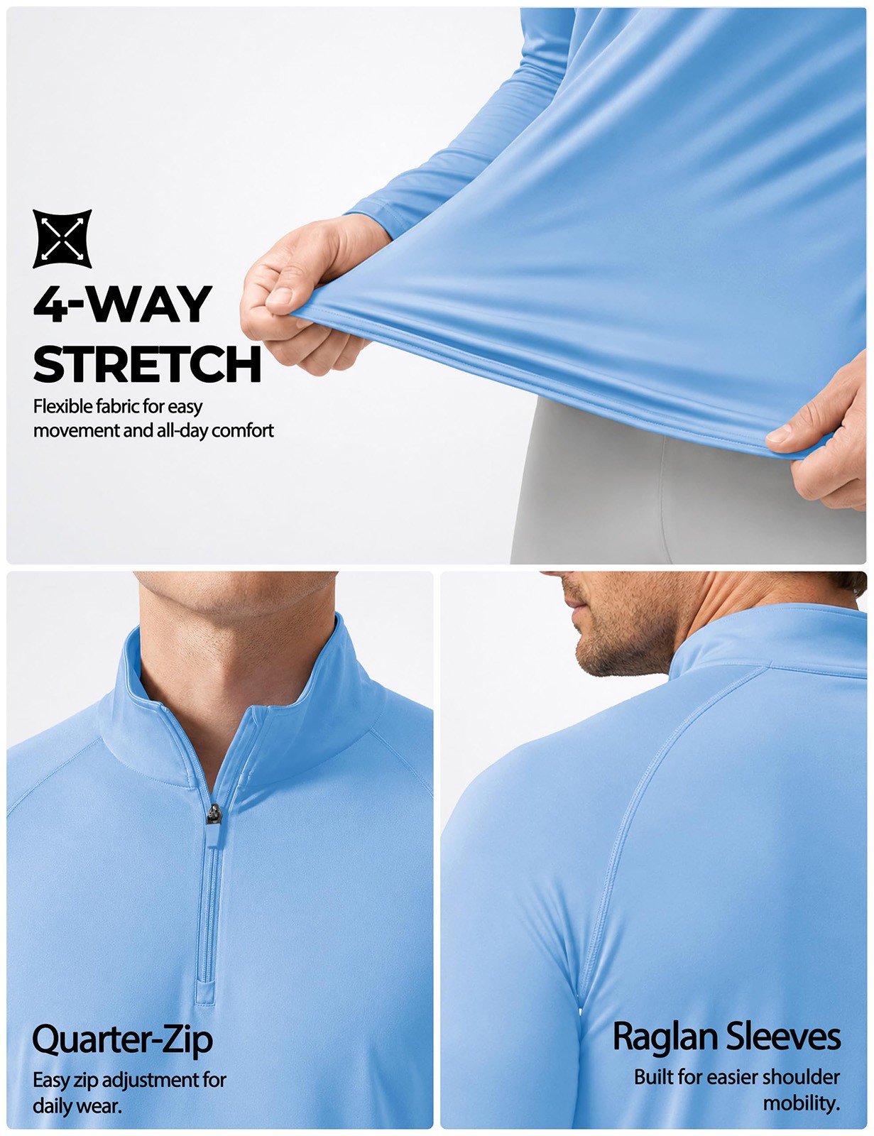 Mens UPF50+ Long Sleeve T-Shirts 1/4 Zip Up Quick Drying Sun Shirts Fishing Tops