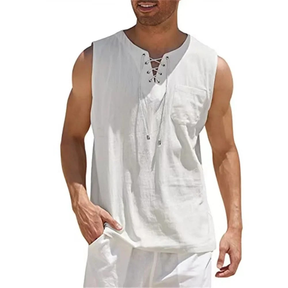 Men’s Linen Tank Top Sleeveless V Neck Summer Beach Shirt Casual Loose