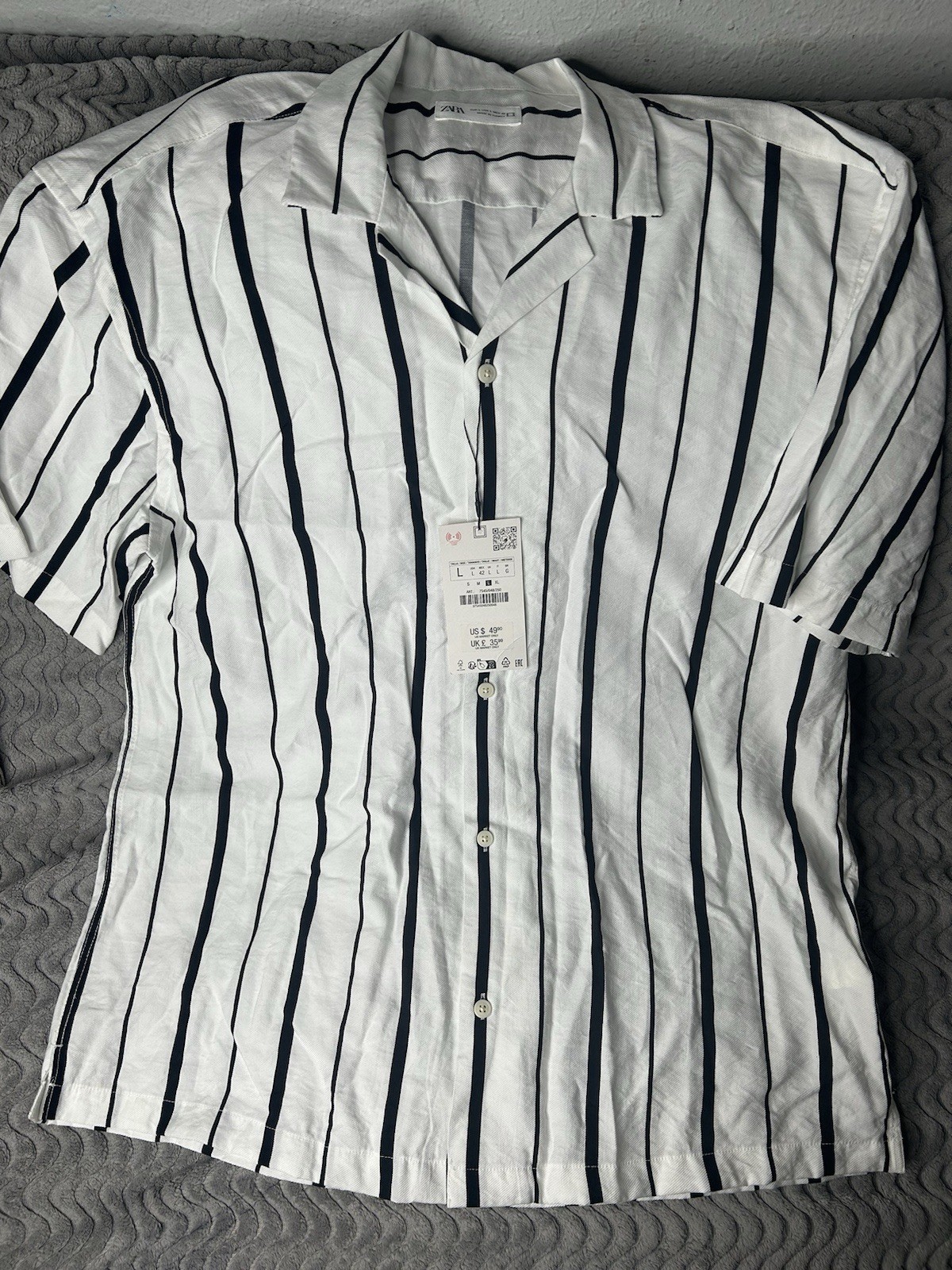 ZARA Cotton Woven White Blue Striped Point Collar Button-Up Shirt Size L