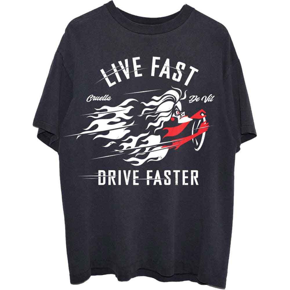 Disney 101 Dalmatians Cruella Live Faster T-Shirt Black New