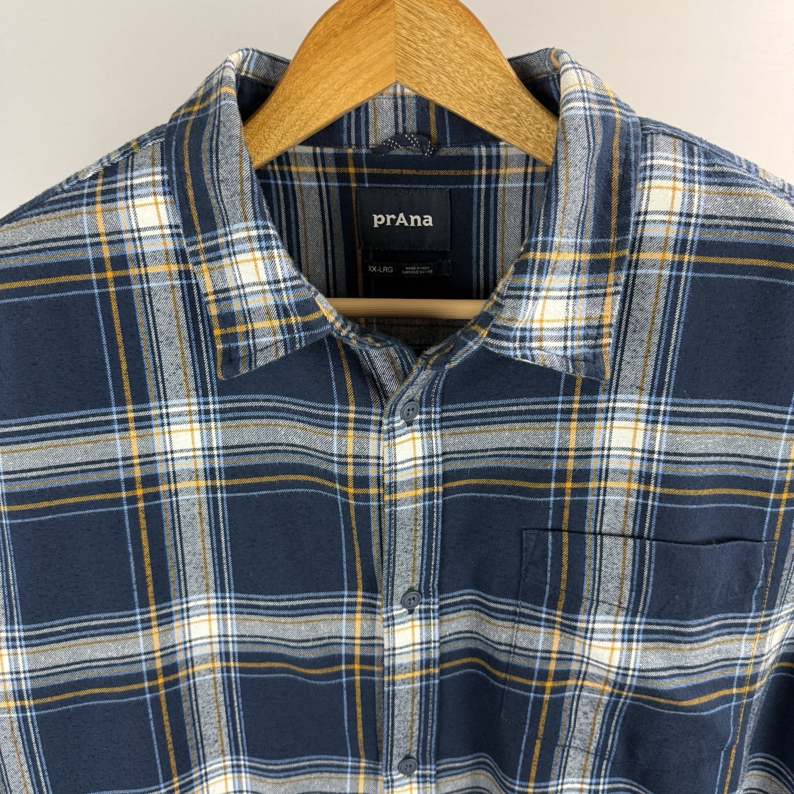 prAna Button-Up Flannel Shirt Mens 2XL Blue Plaid Cotton Blend Classic Outdoor