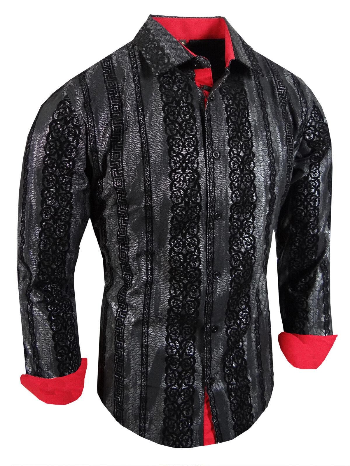 Floral Shirt Raised Velvet Designer Stripe Italian Men Stretch Slim Fit Button