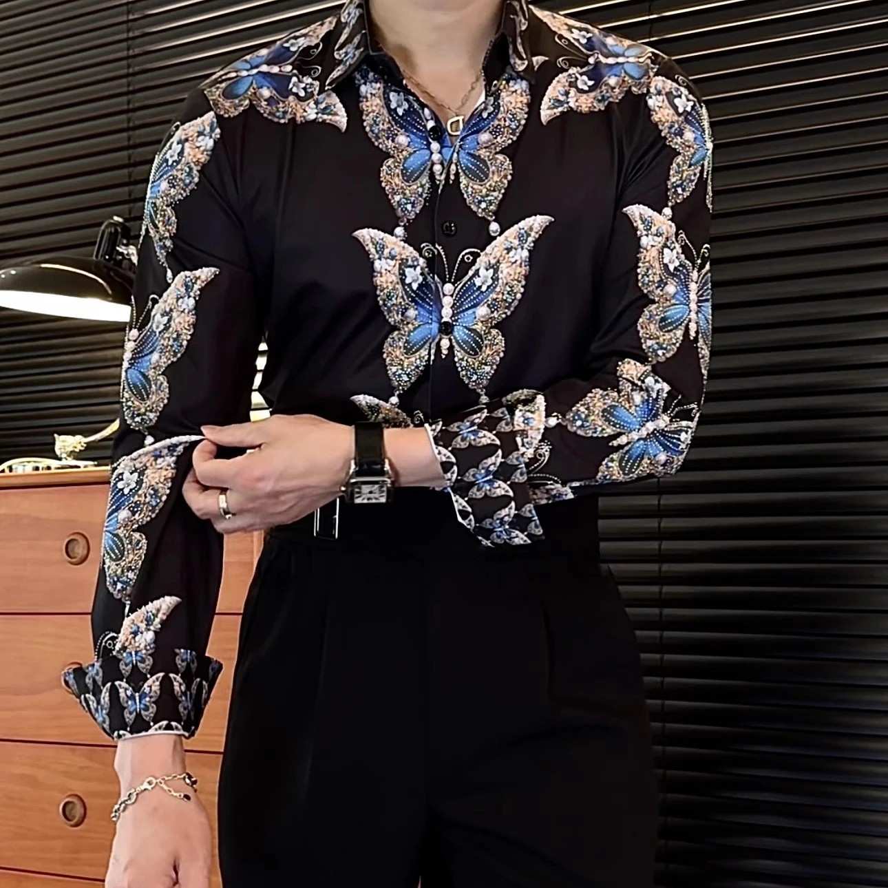 New Luxury Men Diamond Butterfly Rhinestones Button-Down Shirt High Quality