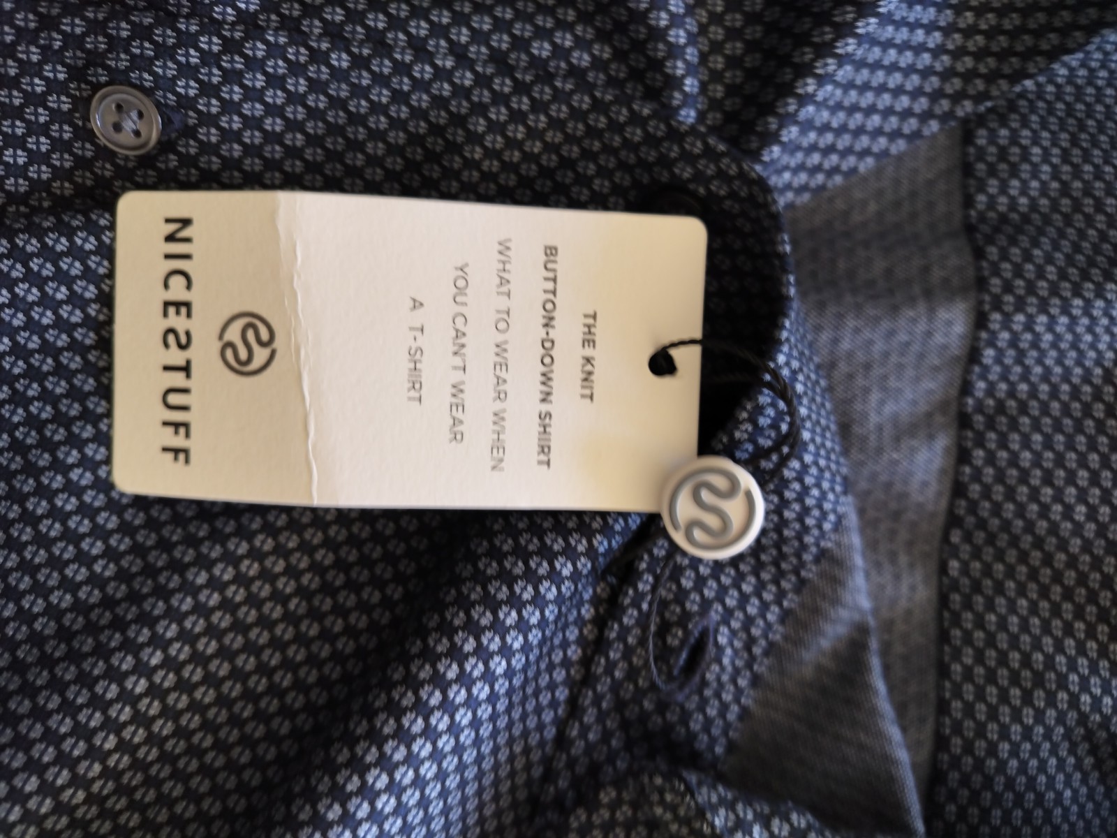 NWT Nice Stuff Men’s Navy Print Slim Pique Dress Shirt XXL 100% Cotton