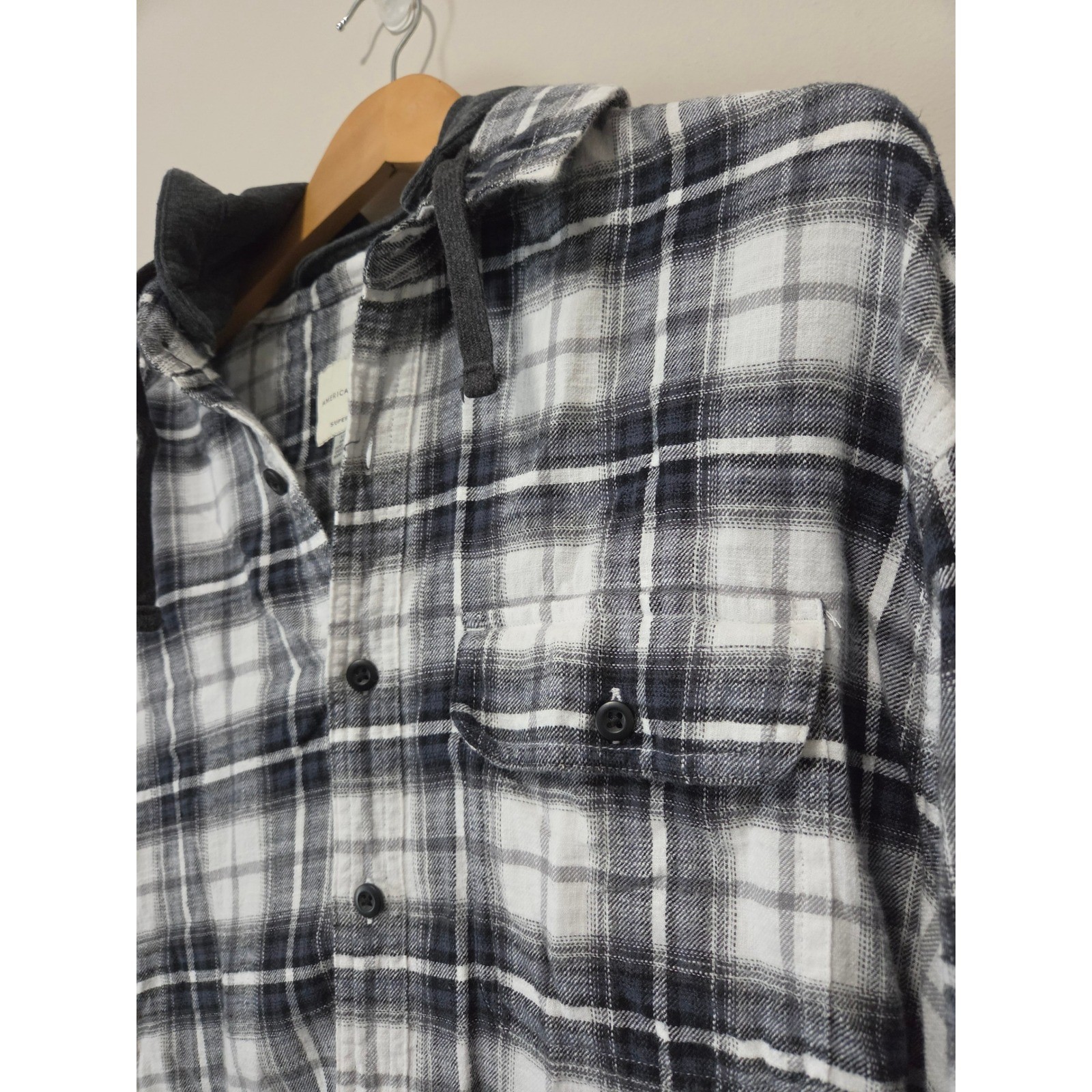 American Eagle Mens Black White Plaid Super Soft Hooded Flannel Shirt Large