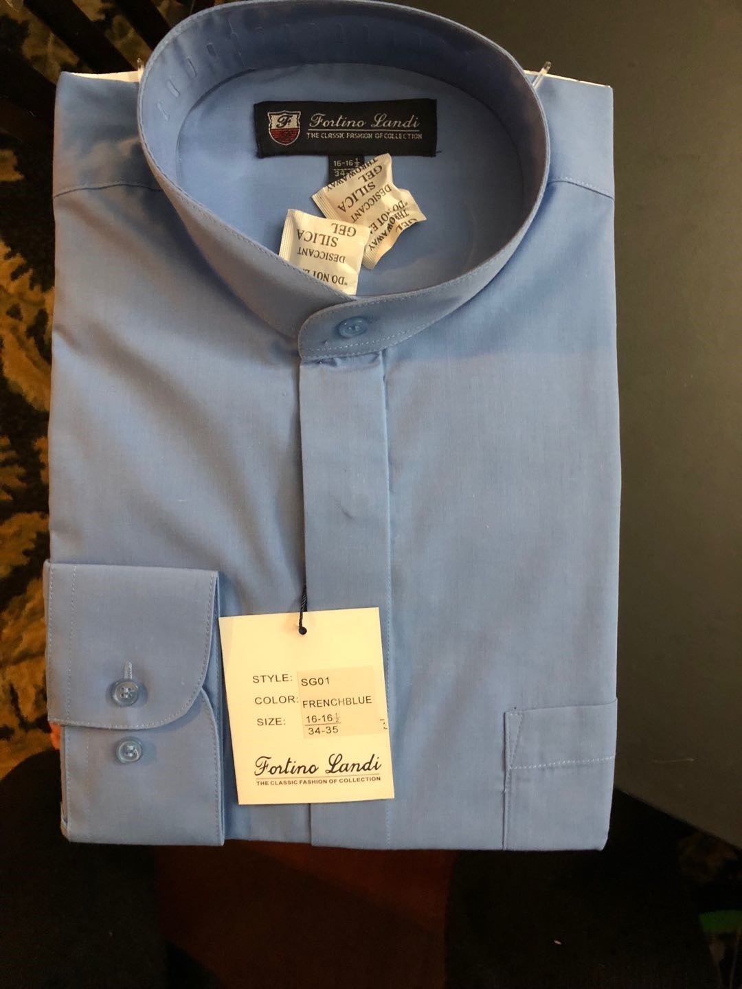 Mens’ mandarin collar ( banded collar) dress shirt Style# SG01(French Blue)