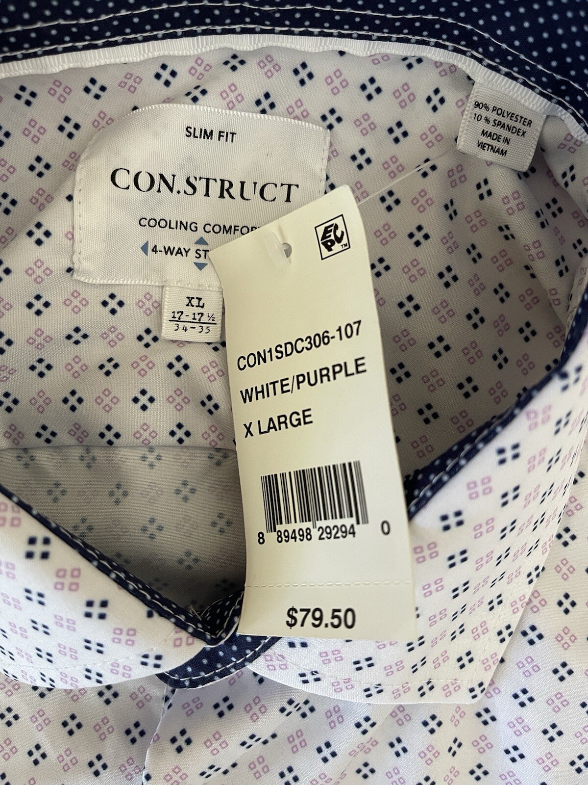Con. Struct Men’s Slim-Fit White Purple Diamond Print Dress Shirt XL Retail $79