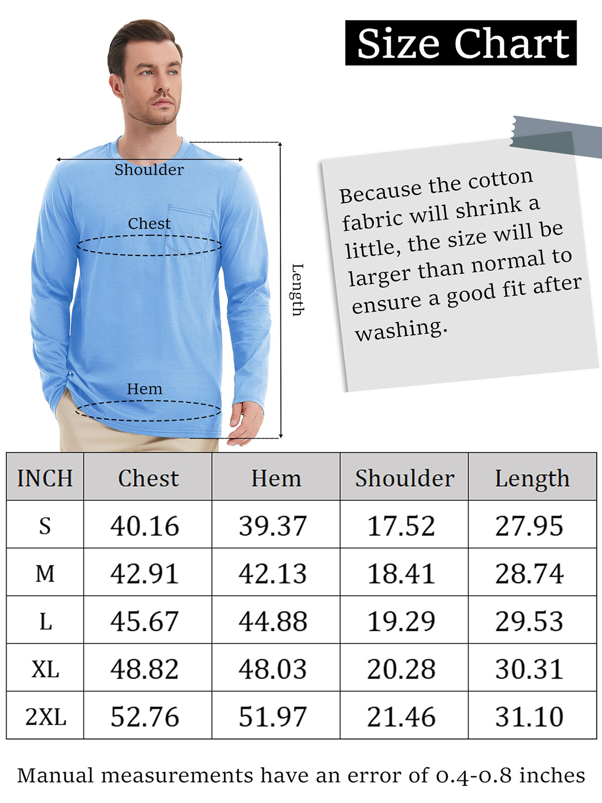 Men’s Cotton Casual Shirt Long Sleeve Chest Pocket Shirt Hiking Work Travel Tops