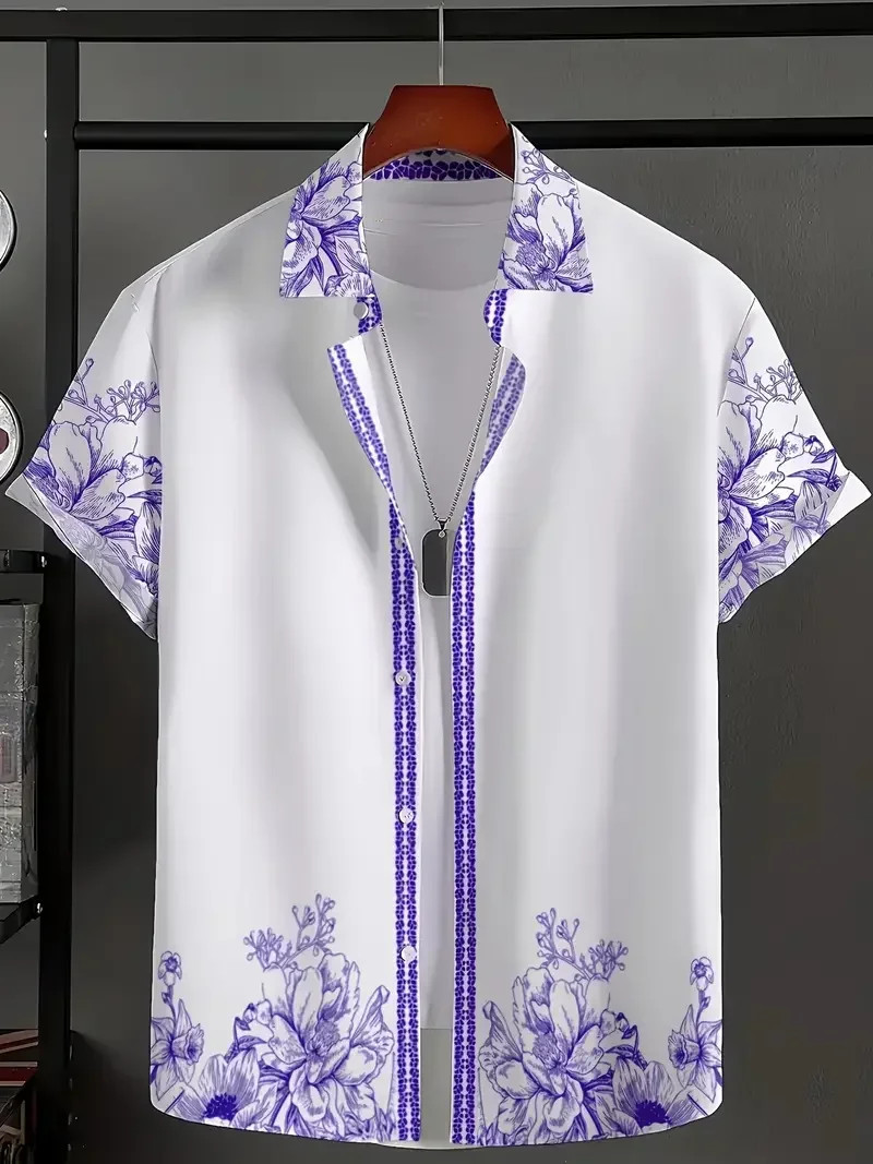 Button Down Shirt Men Summer Hawaiian Vintage Floral Mens Short Sleeve Shirt