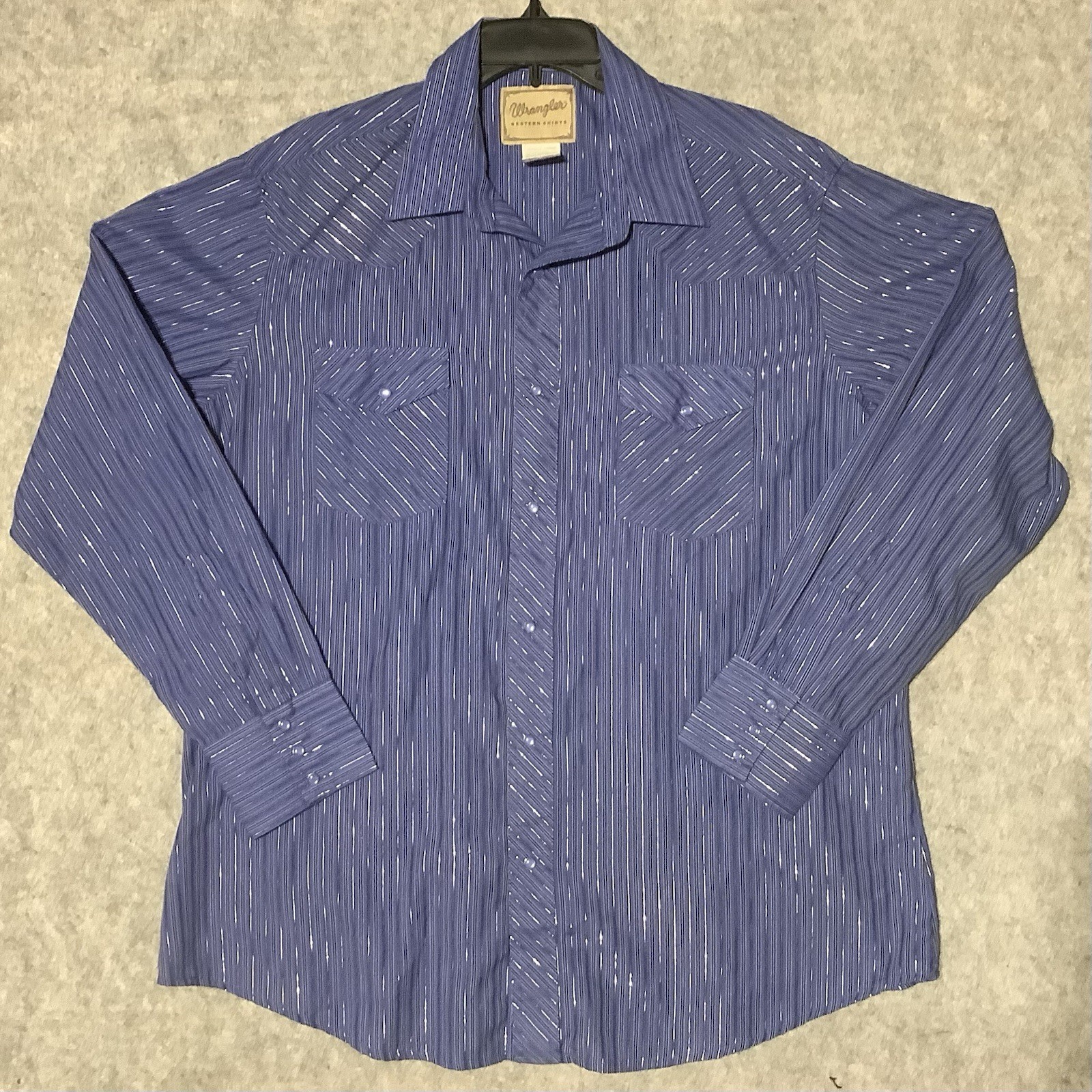 Wrangler Western Blue Black Silver Metallic Stripe Blue Pearl Snaps Sz XL