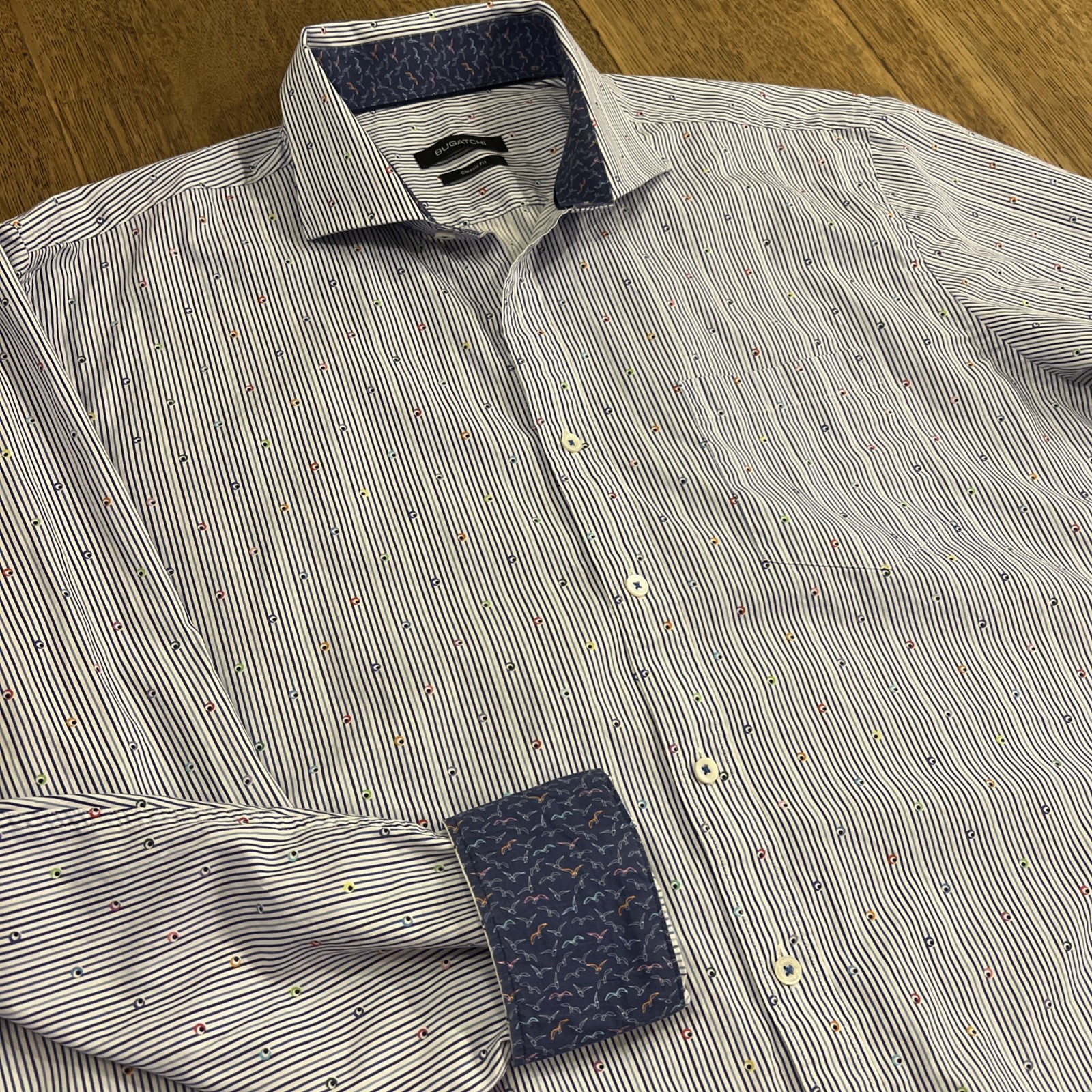 Bugatchi Men’s XXL Button Down Navy Geo Print Long Sleeve Classic Fit Shirt Blue