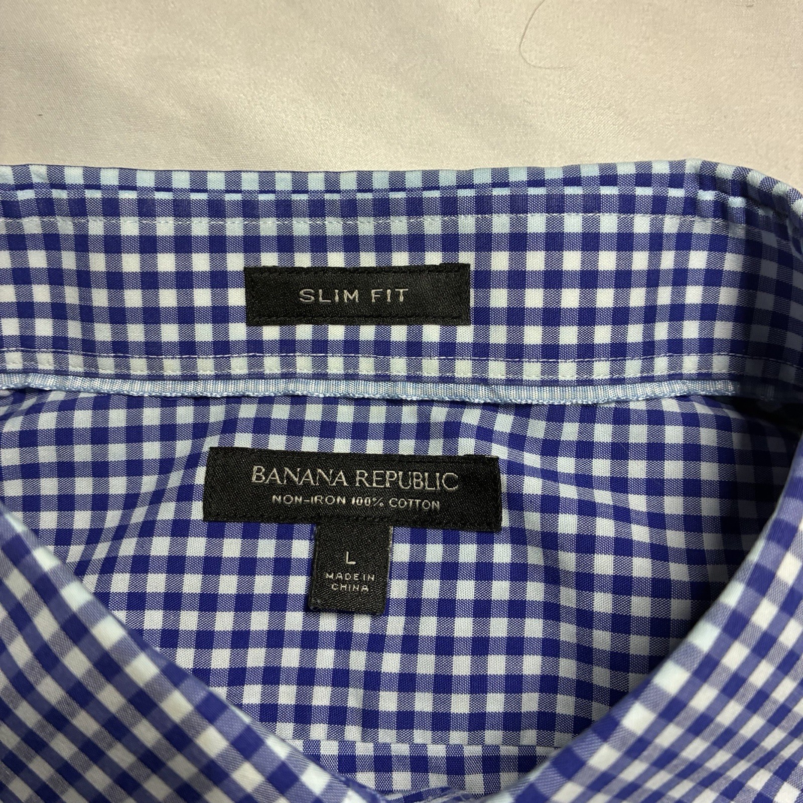 Banana Republic Men’s Non-Iron Slim Fit Blue/White Gingham Cotton Dress Shirt L