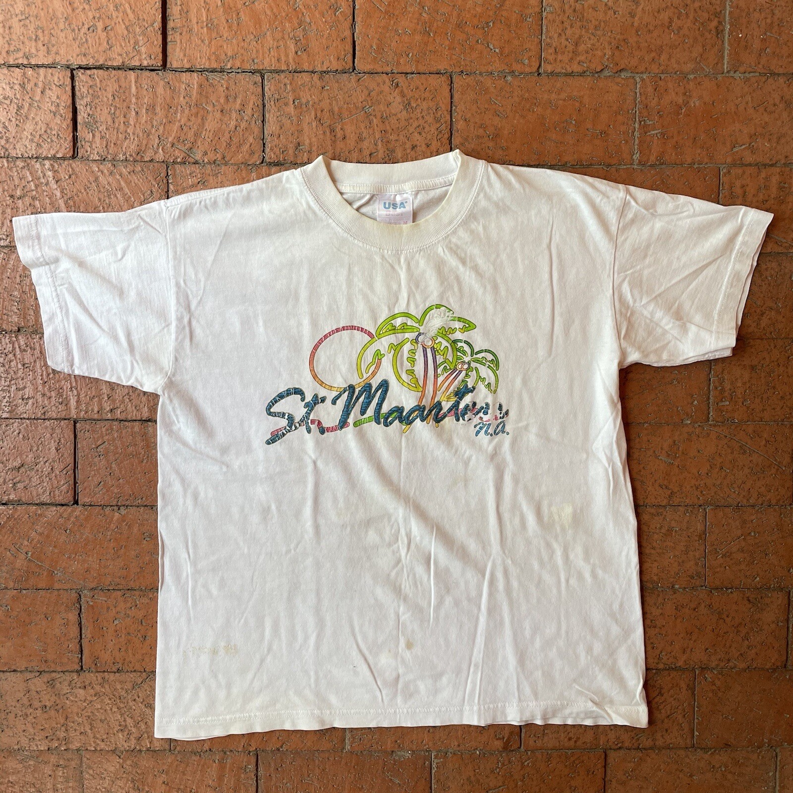 Vintage USA Best 100% Pre-shrunk Cotton White Medium T Shirt St. Maarten N.A.