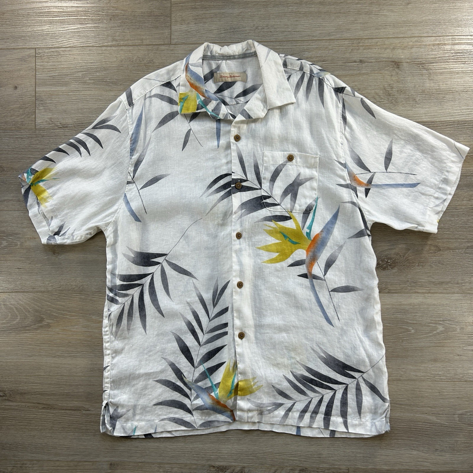 Tommy Bahama Mens L 100% Linen Tropical Bird of Paradise Palm Shirt Off-White