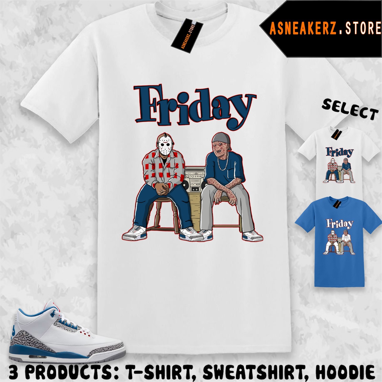 Tee Shirt Matching AJ 3 True Blue To Match Sneaker Freddy Jason Friday T-Shirt