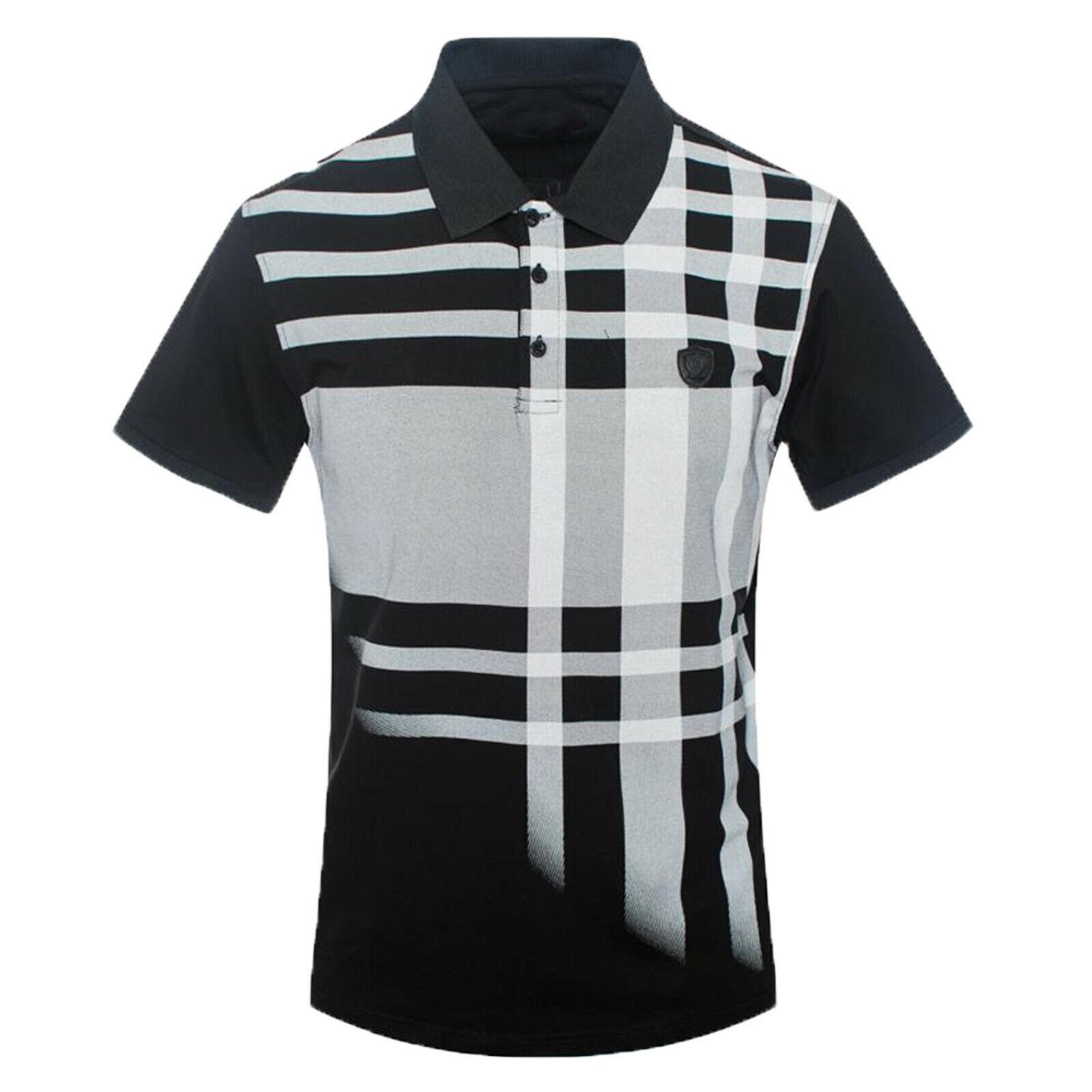 Mens Polo Shirt Designer Plaid Sport Stripe Front Print NEW Slim Fit Stretch