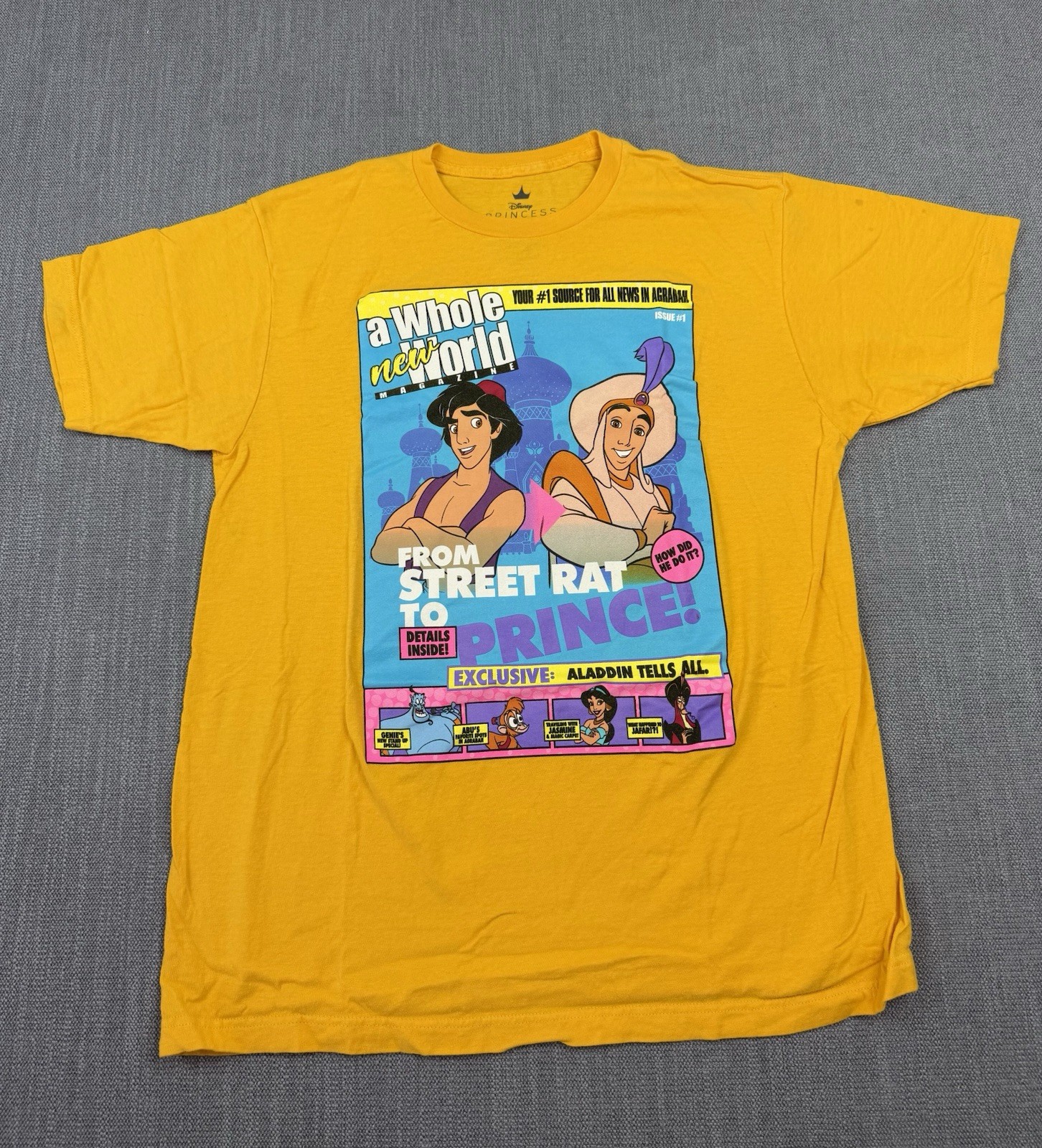 Disney Aladdin A Whole New World Magazine Graphic T Shirt Yellow Large Cotton