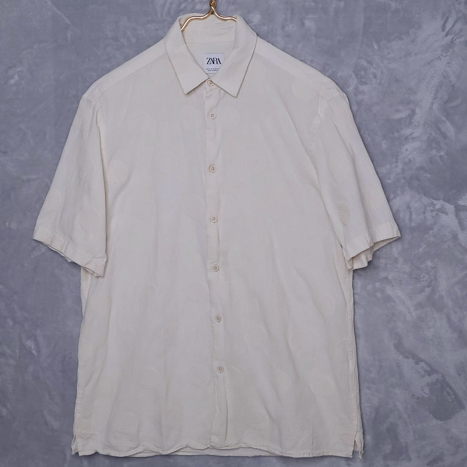 ZARA Men’s Ivory Embossed Button Down Shirt Size M Textured Boho Dots Pattern