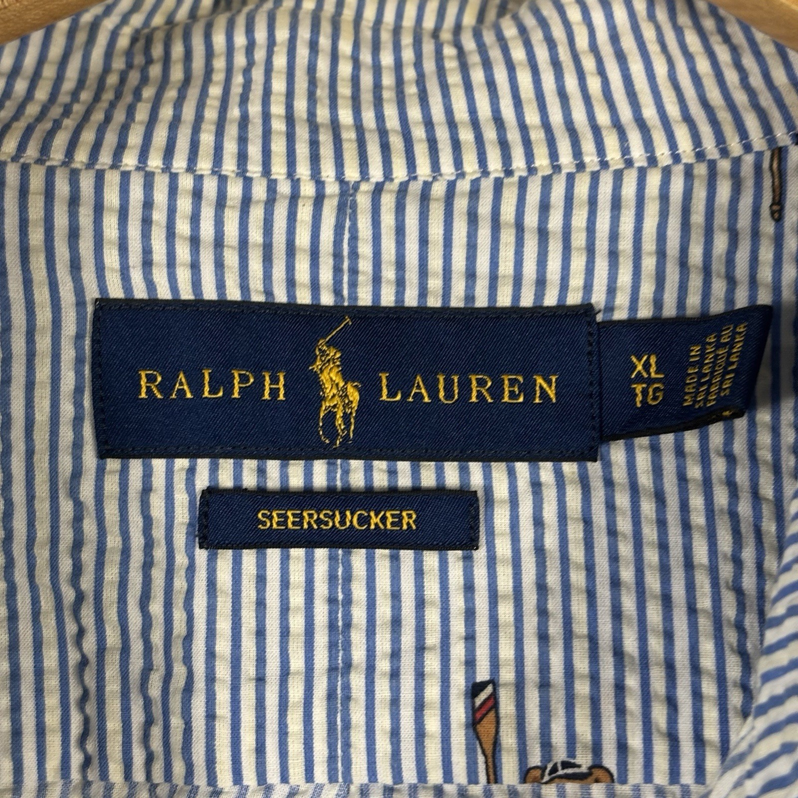 Ralph Lauren Classic Fit Striped Seersucker Boating Bear Shirt Mens XL Blue