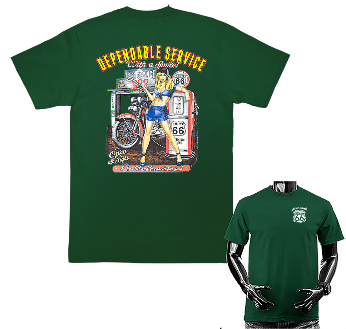 Dependable Service With Smile Hot Rod Garage Gas Station Route 66 Pineup T-shirt
