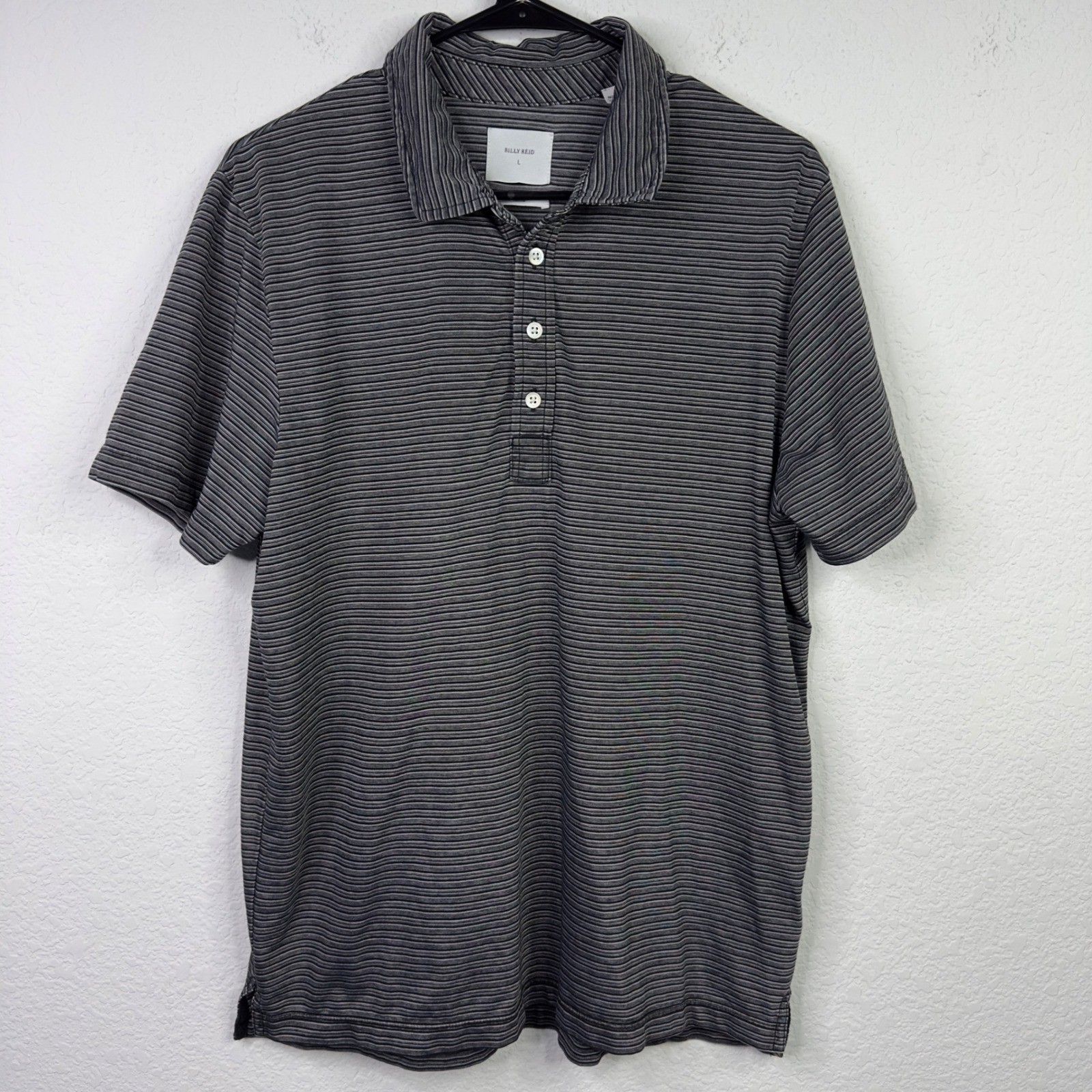 Billy Reid Polo Shirt Mens L Gray Striped Standard Short Sleeve Performance Golf