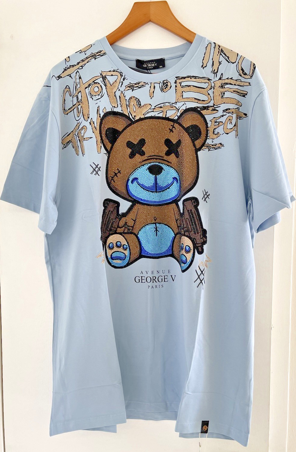 Avenue George V Paris T-Shirt Teddy Bear Rhinestone Men’s Blue fitted Tee