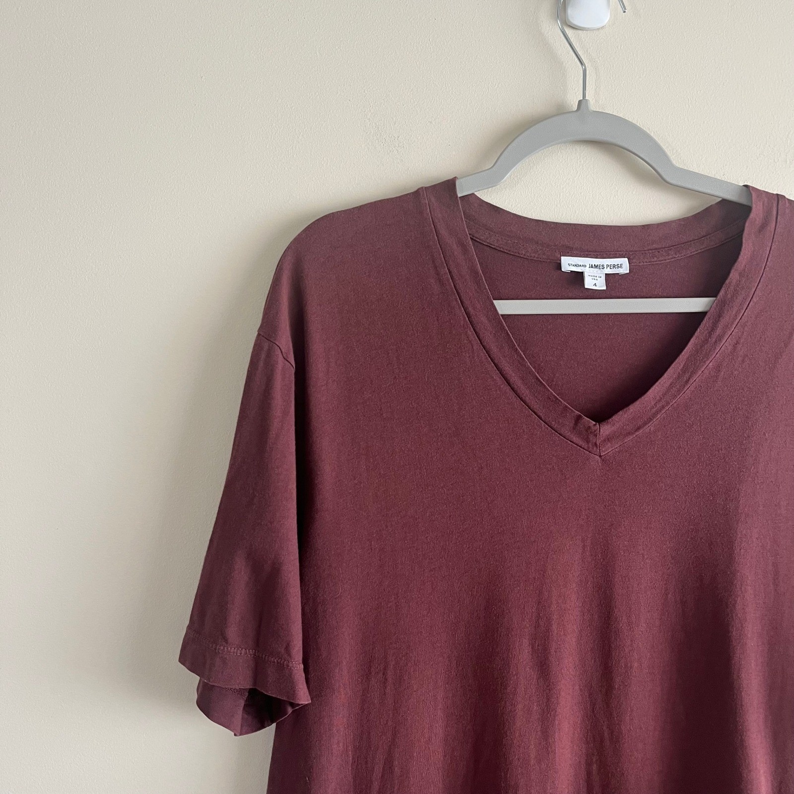 James Perse Standard V Neck Tee Burgundy Cotton Minimalist Size 4 Mens XL