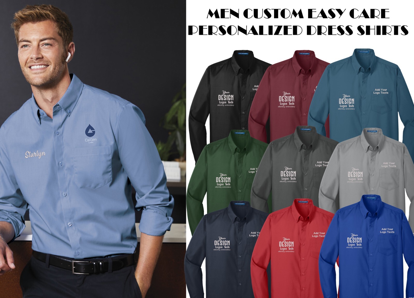 Ink Stitch Design Your Own Custom Logo Texts Men Carefree Poplin Dress Shirts